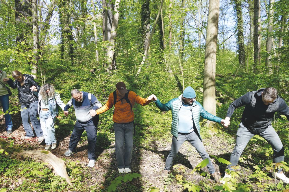 Gruppe von Menschen hält sich bei erlebnispädagogischer Aktion im Wald an den Händen