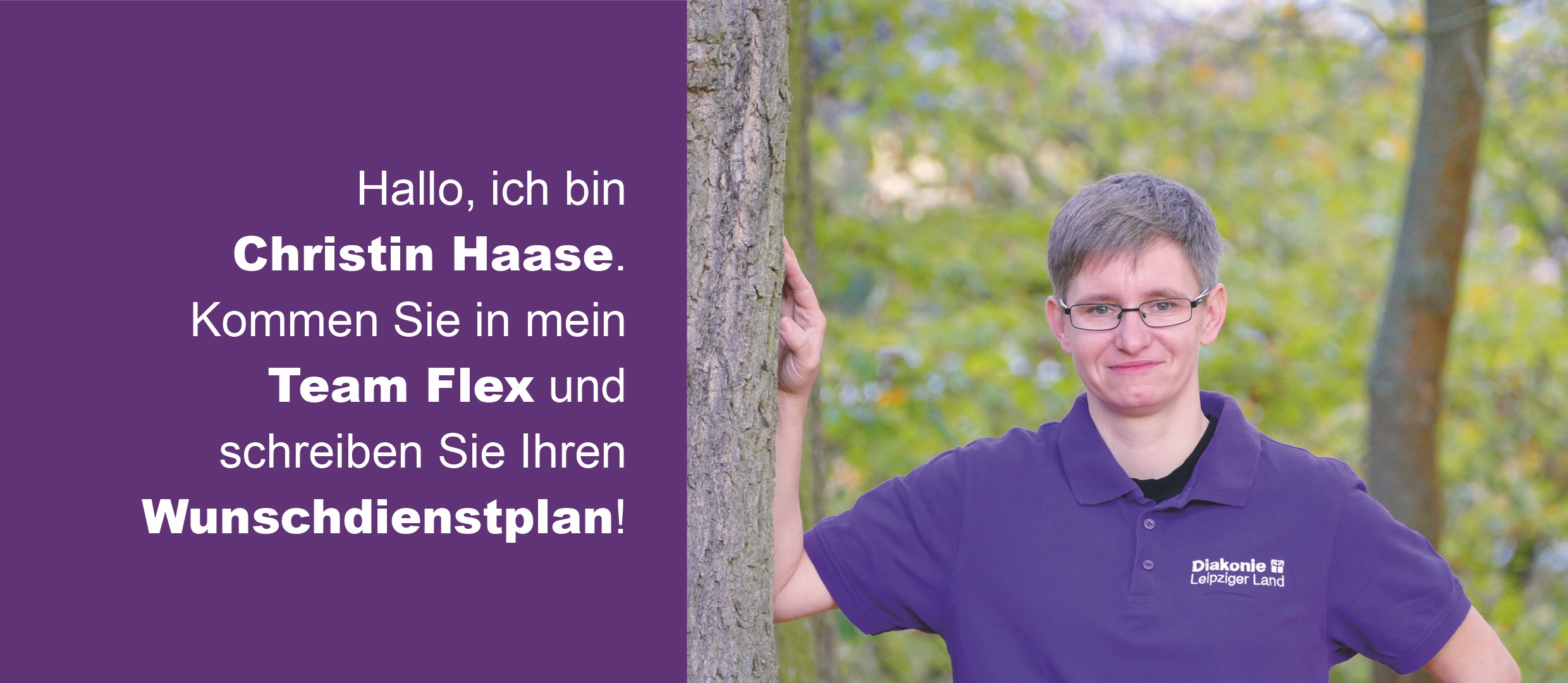Pflegerin steht am Baum, daneben schriftlicher Aufruf, in ihr Team zu kommen.